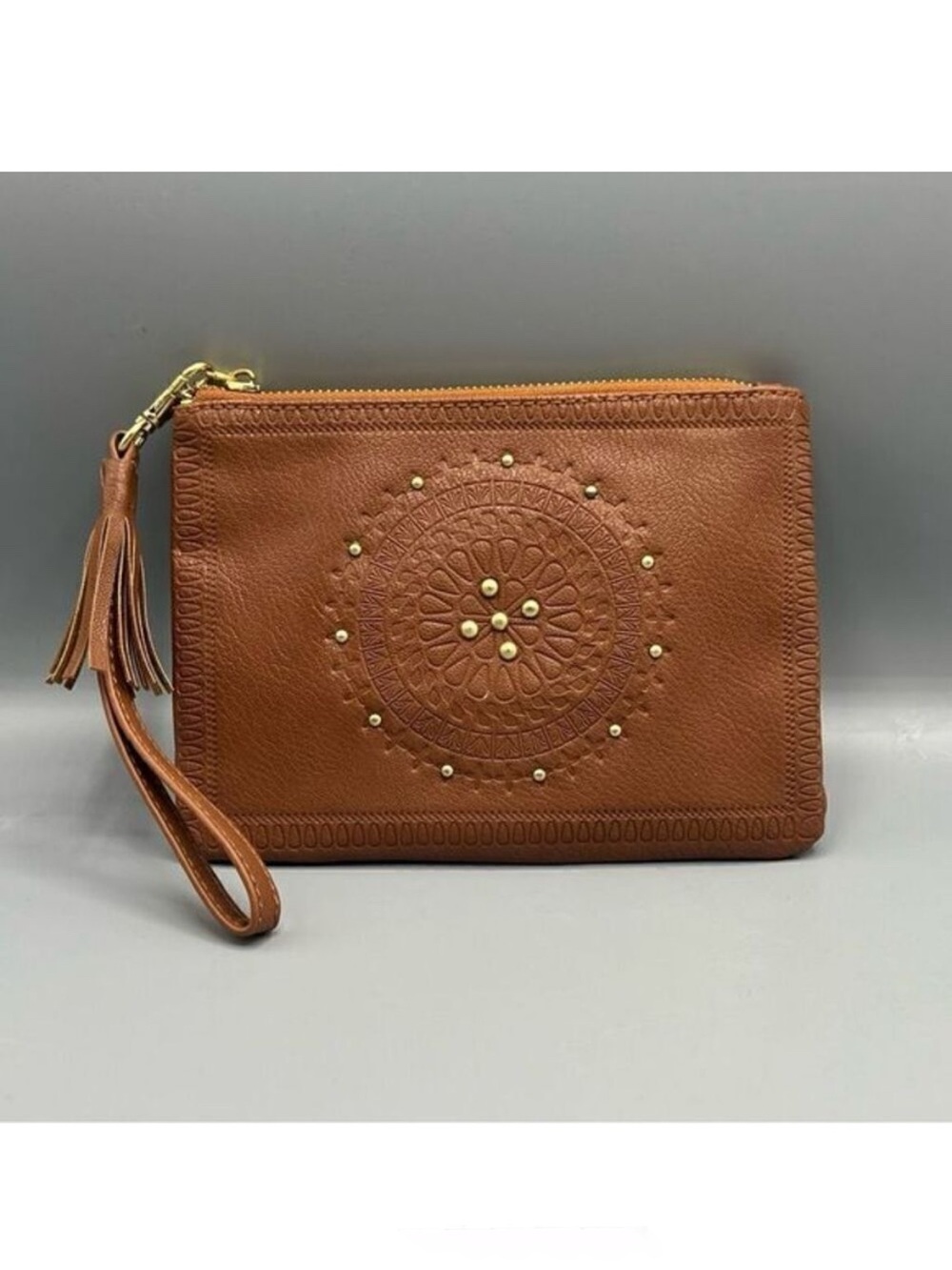 Boho Tooled Wristlet Clutch Brown Mandala Embossed Studded Tassel Zip Pouch
